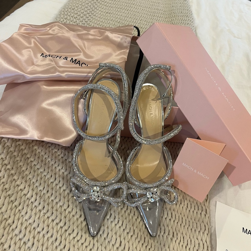 MACH & MACH Silver Stiletto Heels with Bow Detail